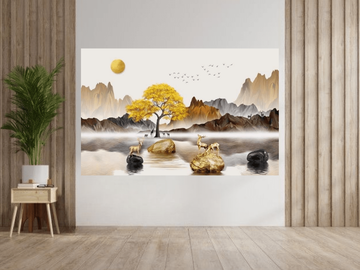 Nature inspired deer wall decor with golden tree design
